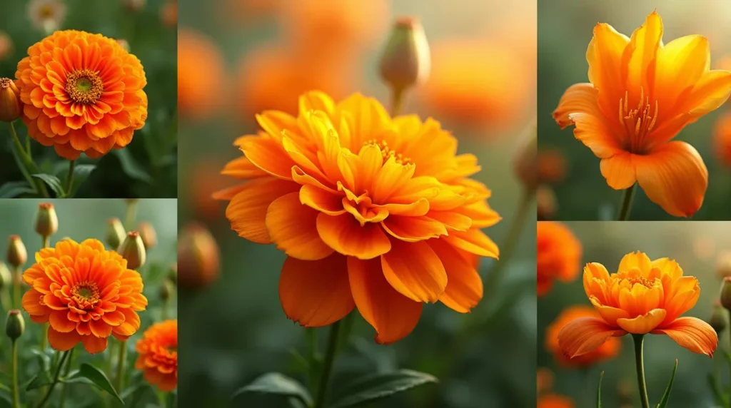 A vibrant collage of 15 stunning orange flowers, including marigolds, tulips, lilies, zinnias, and poppies, set against lush greenery.