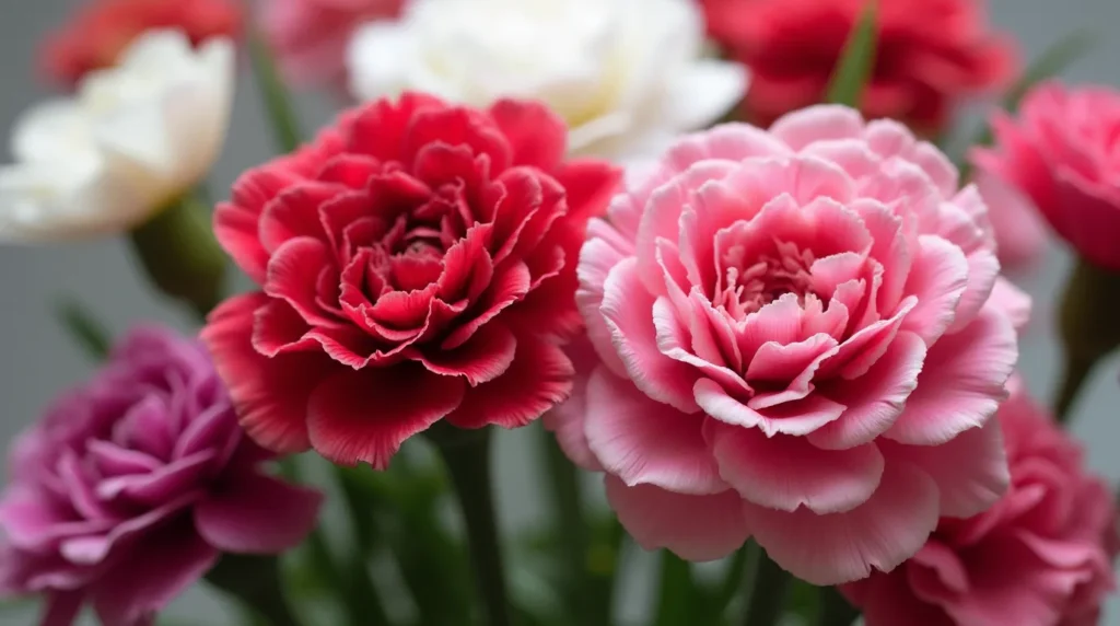 Close-up of vibrant carnation flowers in full bloom, showcasing their layered petals in pink, red, white, and purple, surrounded by green leaves.