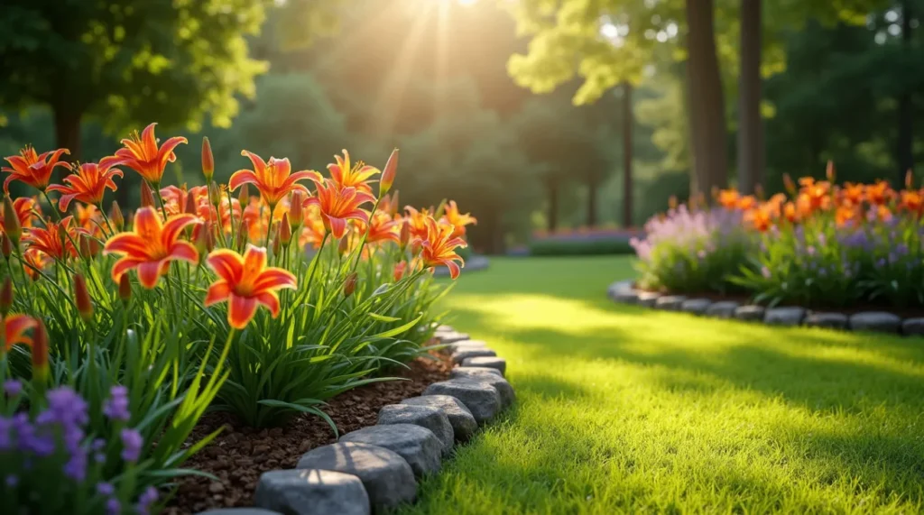 A realistic image of a landscaped garden featuring vibrant Daylilies arranged along a winding path, in flower beds, and bordering a lush green lawn, complemented by other perennials.