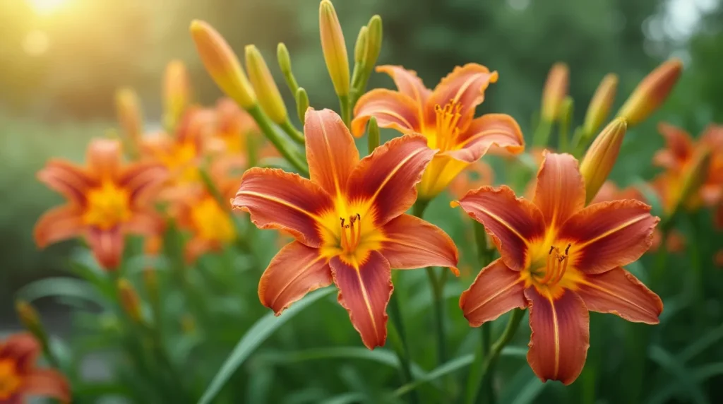 A realistic image of a Daylily (Hemerocallis) plant with vibrant trumpet-shaped flowers in shades of orange, yellow, and red, surrounded by arching green leaves in a lush garden setting.