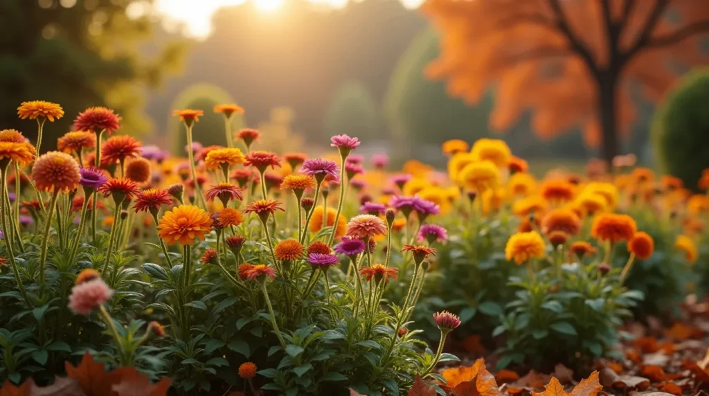 A cozy fall garden with vibrant fall flowers like chrysanthemums, asters, and marigolds, surrounded by fallen autumn leaves and soft sunlight.