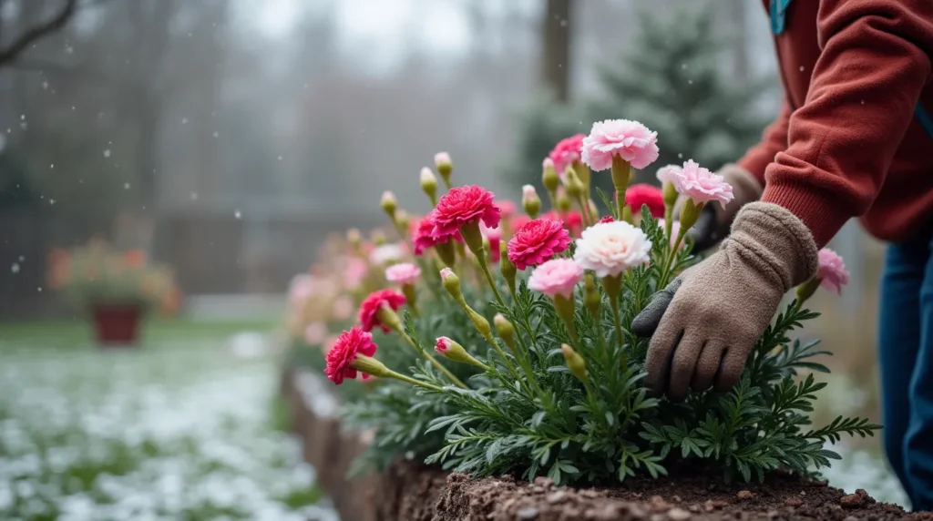 A gardener covering carnations with mulch for winter care, with light snowfall and bare trees in the background.