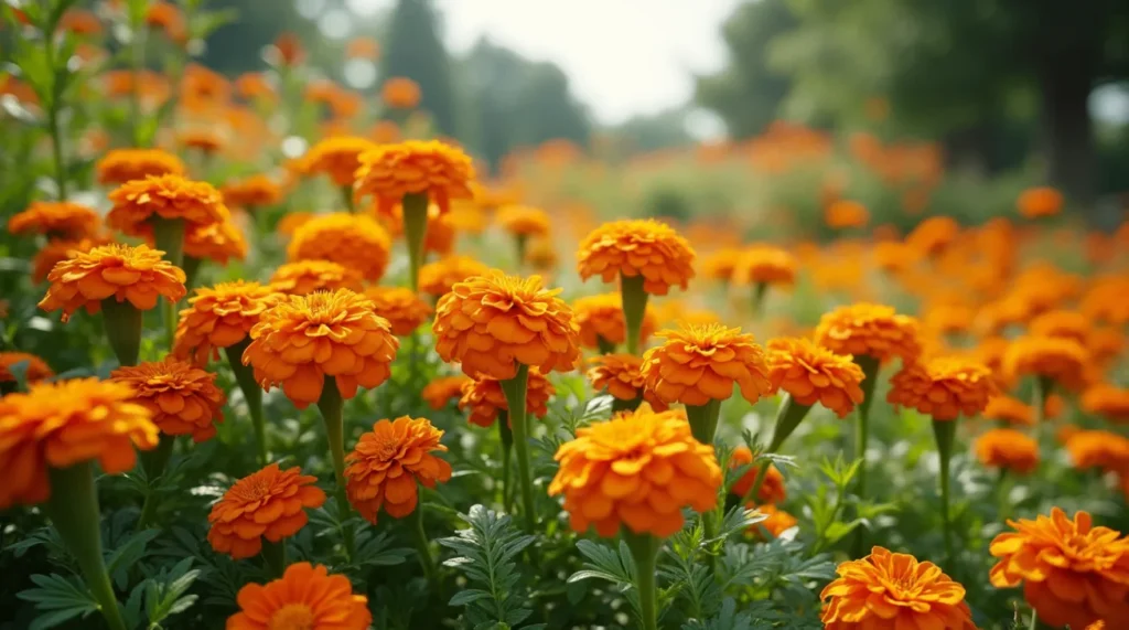 A vibrant garden filled with blooming orange flowers like marigolds, calendulas, and nasturtiums, surrounded by lush greenery and soft sunlight.