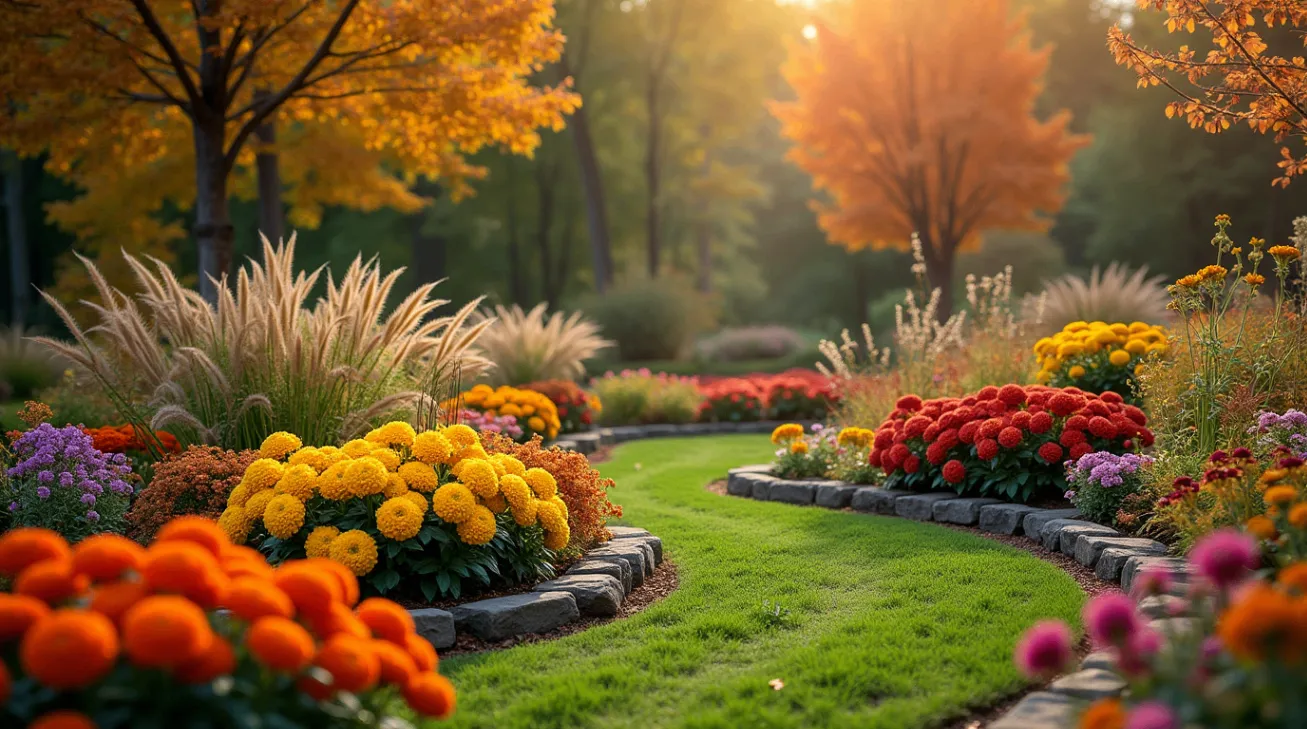 A charming fall flower garden featuring chrysanthemums, asters, and ornamental grasses, arranged with paths and autumn foliage in the background.