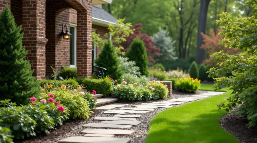 A beautifully landscaped backyard with lush greenery, a stone pathway, and a cozy outdoor seating area.