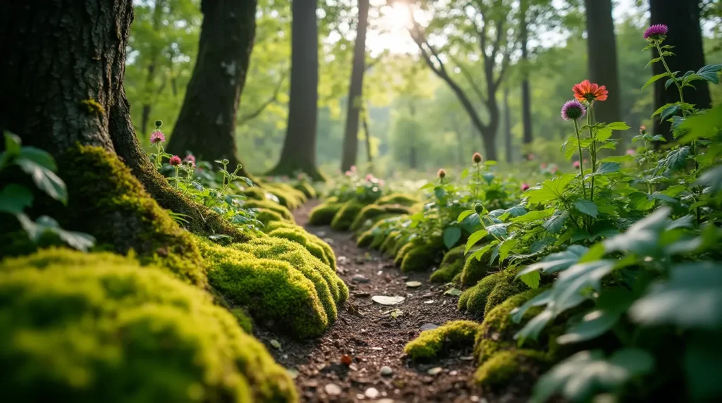 Close-up of a woodland garden with moss, ferns, and shaded trees.