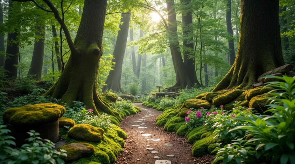 A serene garden in the woods with a winding path and dappled sunlight filtering through tall trees.