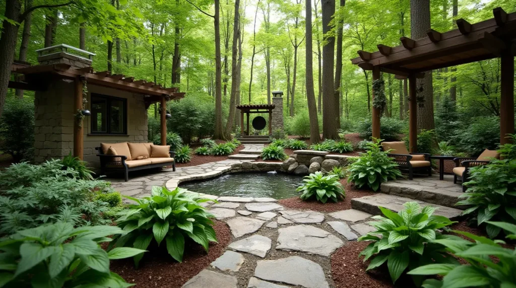 A woodland retreat with a stone path, shaded seating, and native plants.