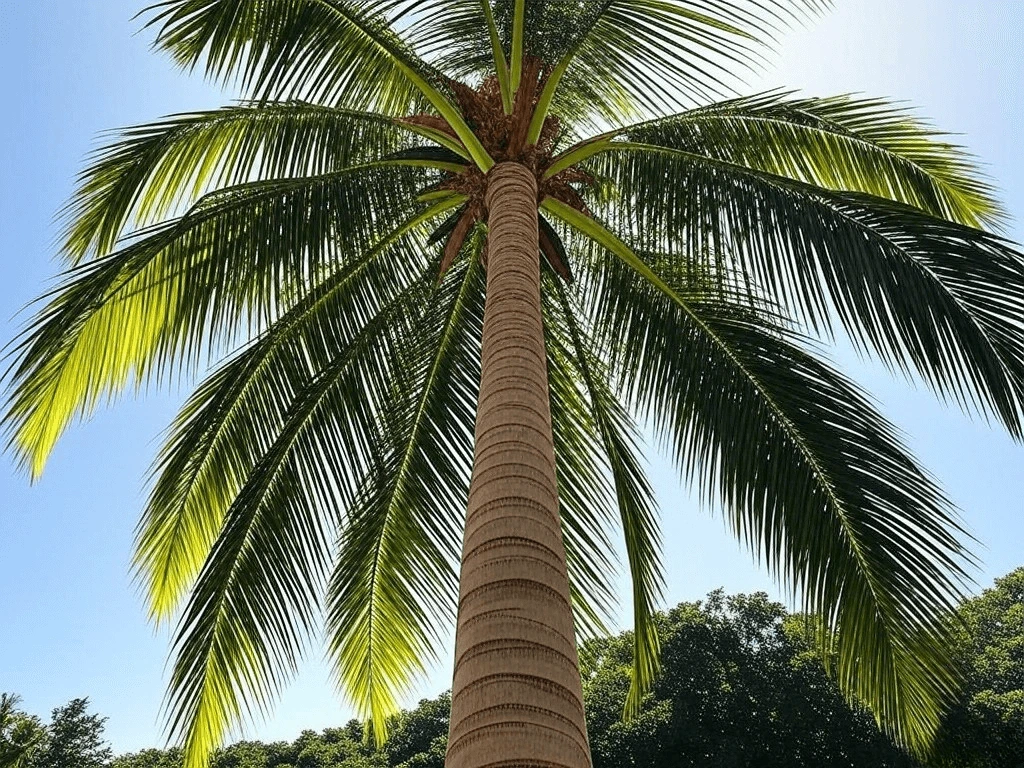 Close-up of King Palm Tree's distinctive ringed trunk and bronze-colored new growth