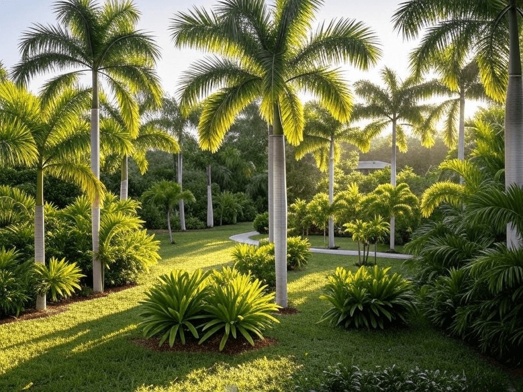 King Palm Trees in tropical landscape design with complementary plantings