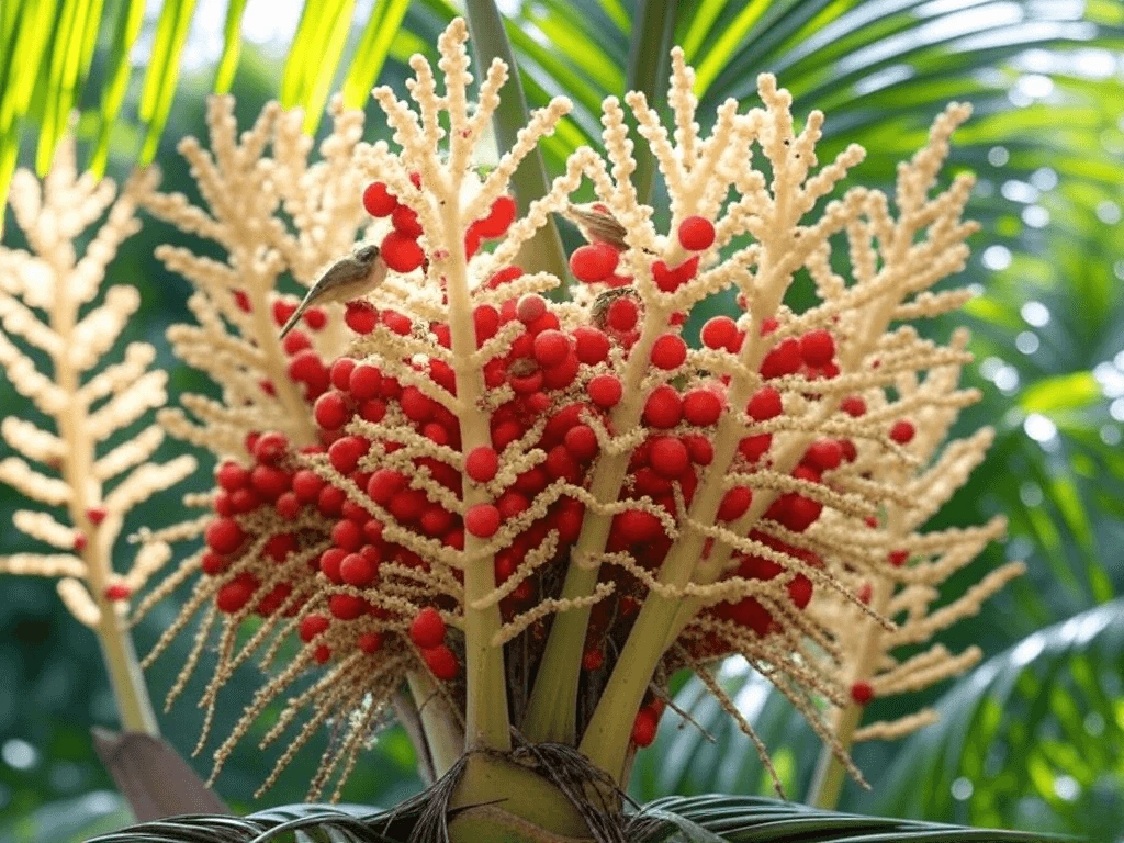 King Palm Tree flowers and fruits attracting native birds