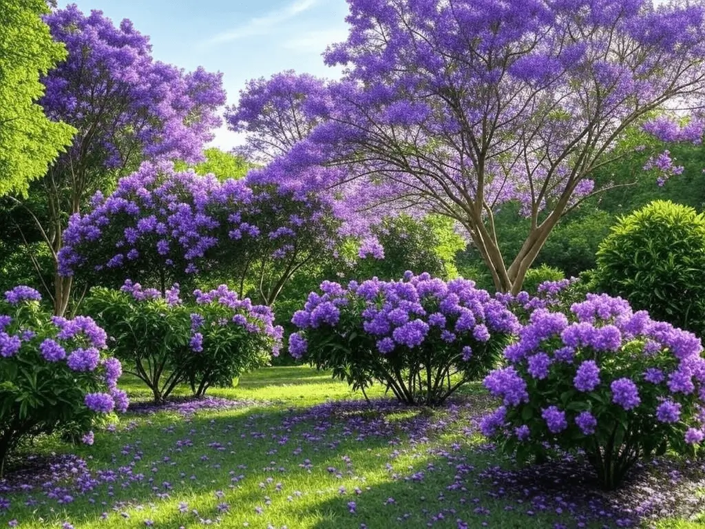 Purple-blooming tree with vibrant blossoms in a backyard garden