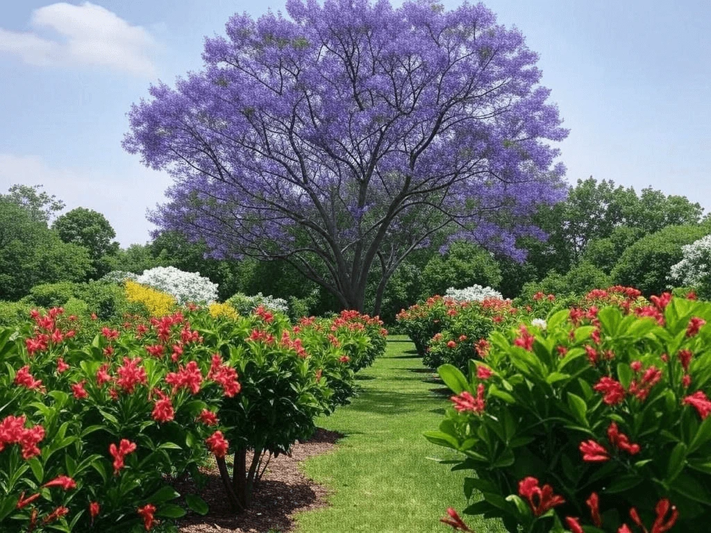 Gardener planting a purple-blooming tree sapling in a garden.