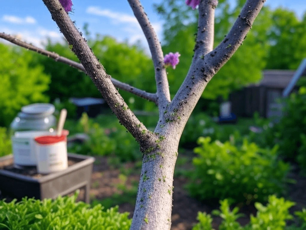 Landscaped garden with a purple-blooming tree as the centerpiece.