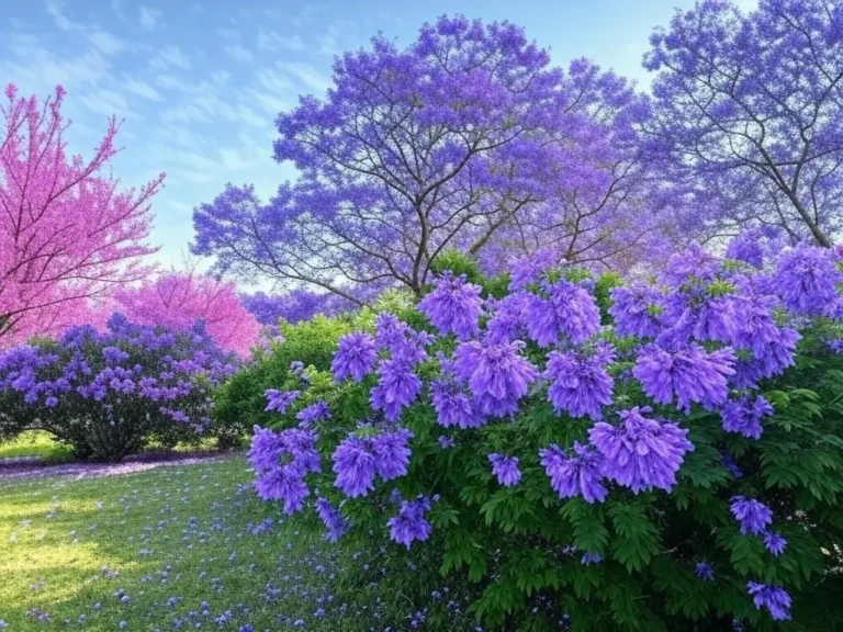 Vibrant garden with purple-blooming trees, including jacarandas, crape myrtles, and eastern redbuds, showcasing their stunning blossoms under a clear blue sky.