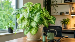 Healthy Arrowhead Plant (Syngonium) with green and cream variegated leaves in a stylish indoor home office, placed near a bright window with plant care tools, watering can, and fertilizer nearby.