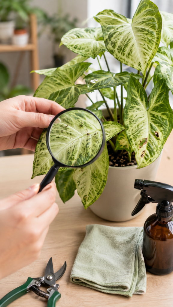Arrowhead Plant leaves inspected with a magnifying glass for spider mites and mealybugs, with neem oil spray, pruning shears, and cleaning cloth for indoor pest prevention.