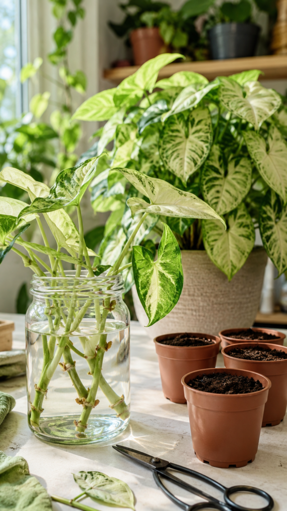 Arrowhead plant stem cuttings with visible nodes propagating in a clear glass jar of water beside small soil pots and a mother Syngonium plant in bright indirect sunlight.