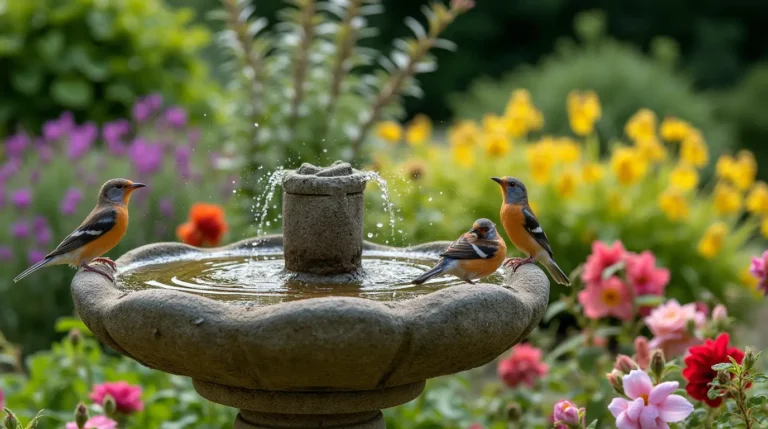 stone bird bath surrounded by colorful flowers and birds splashing in the water.