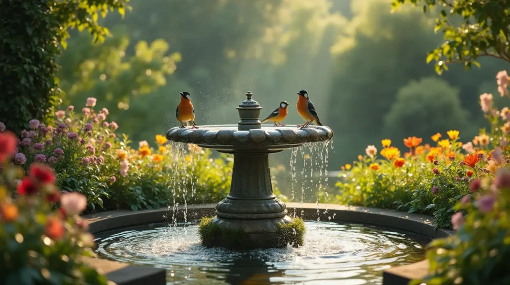 person installing a bird bath in a shaded garden area, adjusting water levels.