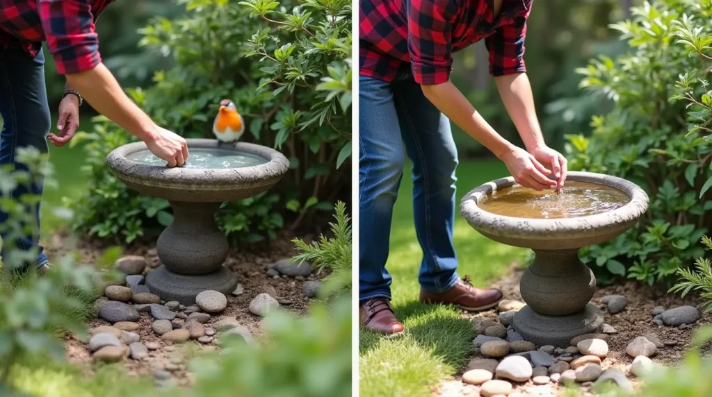 solar-powered bird bath fountain with decorative stones and plants nearby.