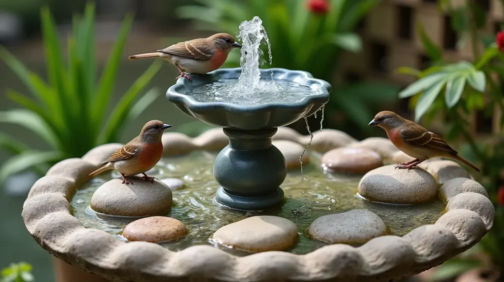 bird bath surrounded by bird feeders, nesting boxes, and blooming flowers.