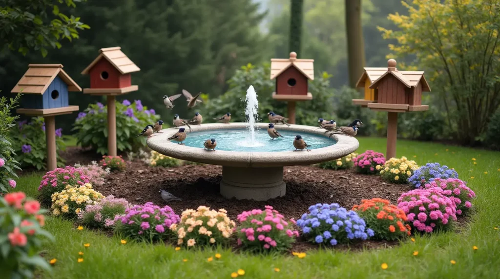 clean, well-maintained bird bath with fresh water and birds drinking.