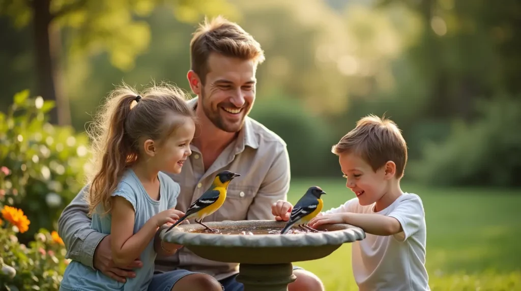 A family enjoying the sight of birds at a bird bath in their backyard.