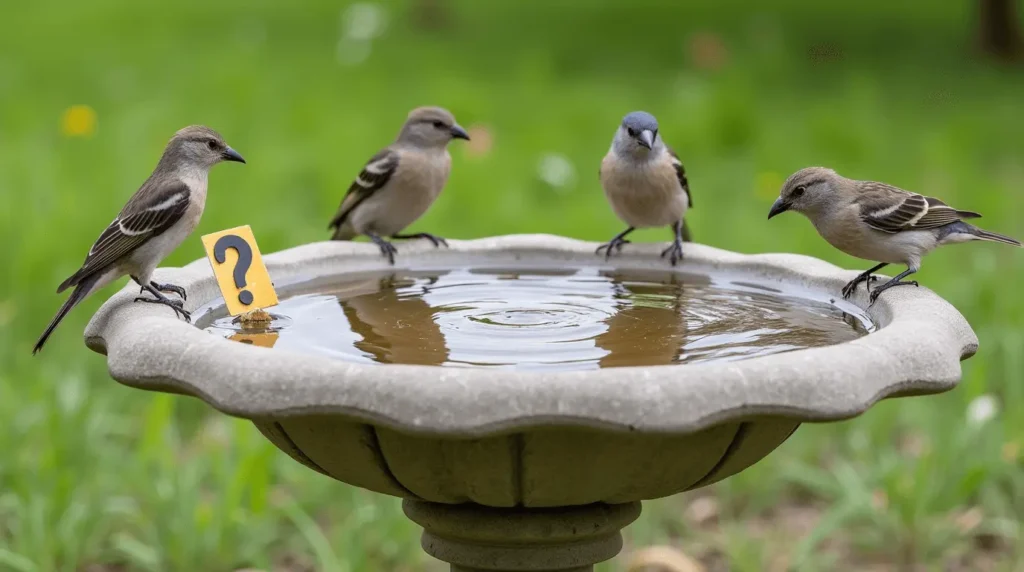 A winter bird bath with a de-icer, surrounded by snow and birds drinking.