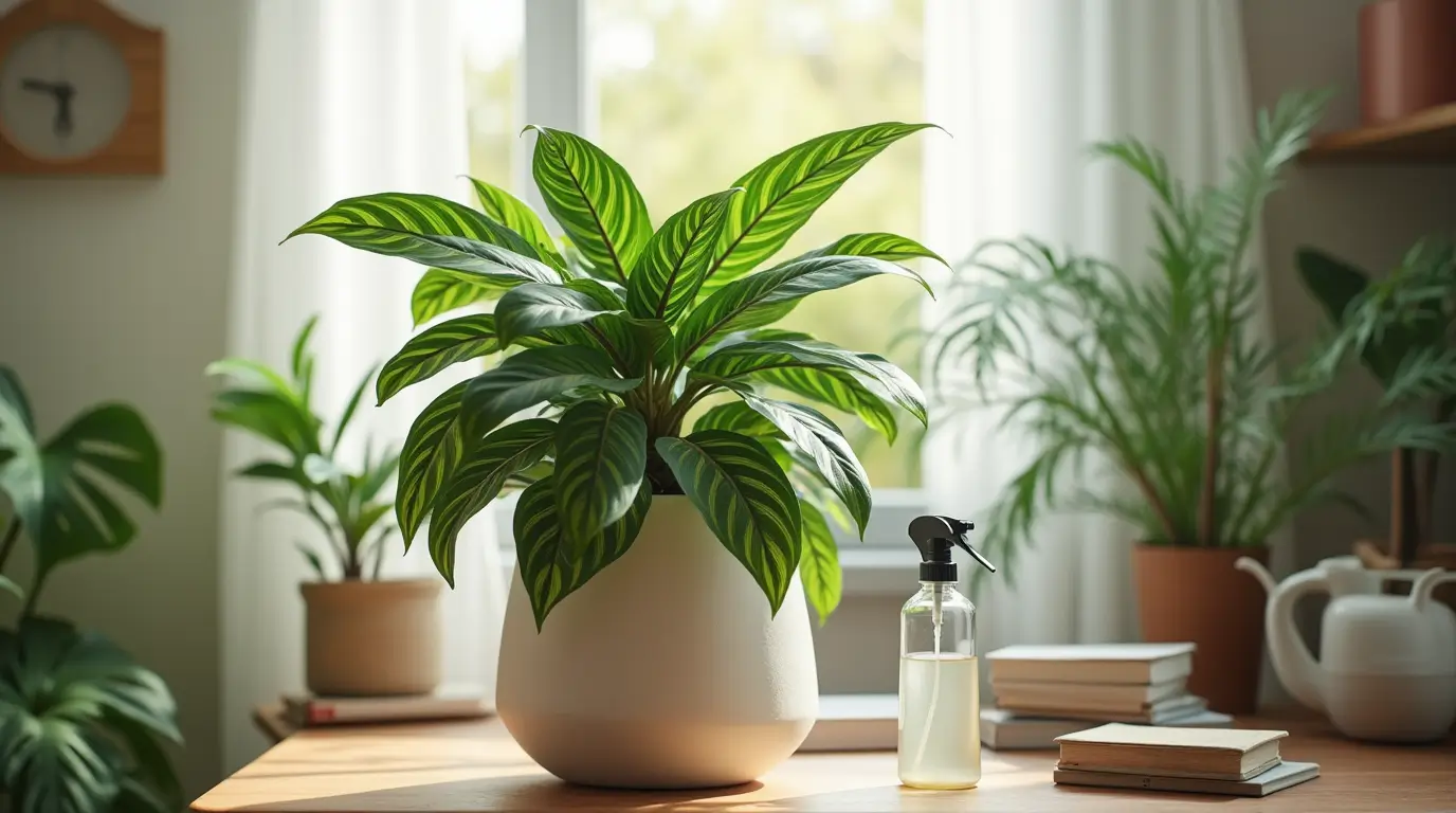 Vibrant Calathea plant in a ceramic pot on a wooden table.