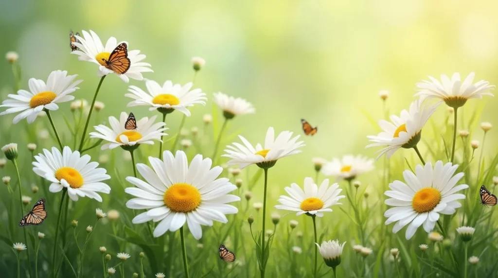 White daisies with yellow centers blooming in a meadow-like garden.