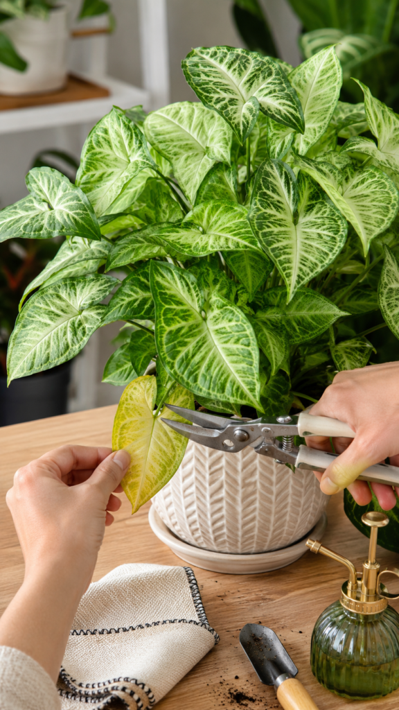 Gardener pruning a yellowing leaf from a healthy Arrowhead Plant with clean shears, surrounded by lush green-and-cream Syngonium leaves and indoor plant-care tools.
