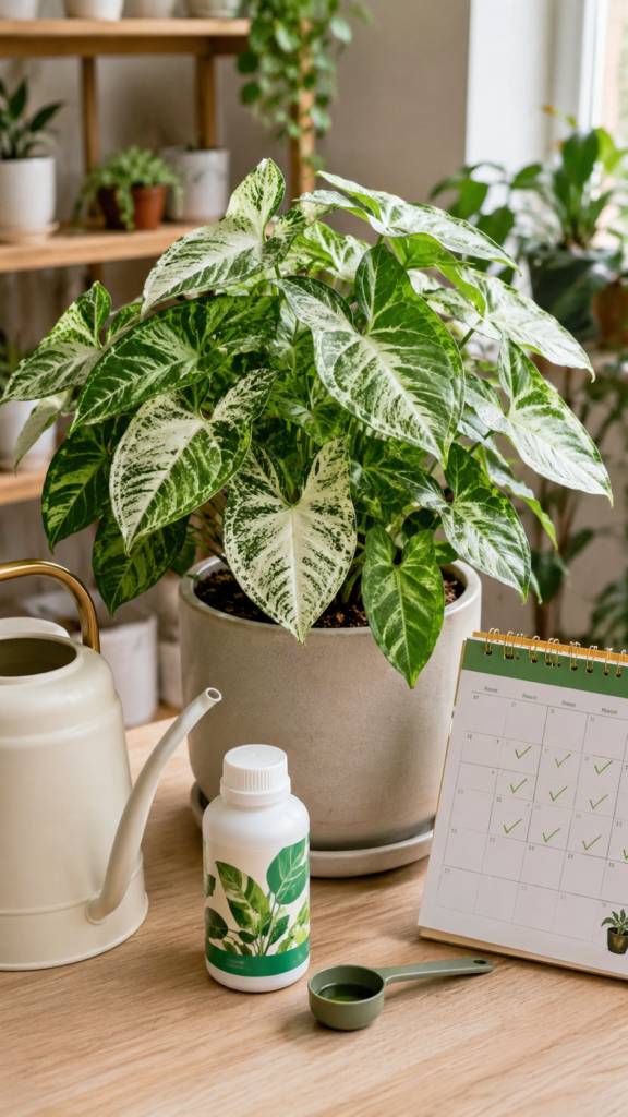 Healthy Arrowhead Plant (Syngonium) in a stylish pot with fertilizer bottle, measuring spoon, watering can, and plant-care calendar in a bright indoor workspace for beginner plant fertilizing.