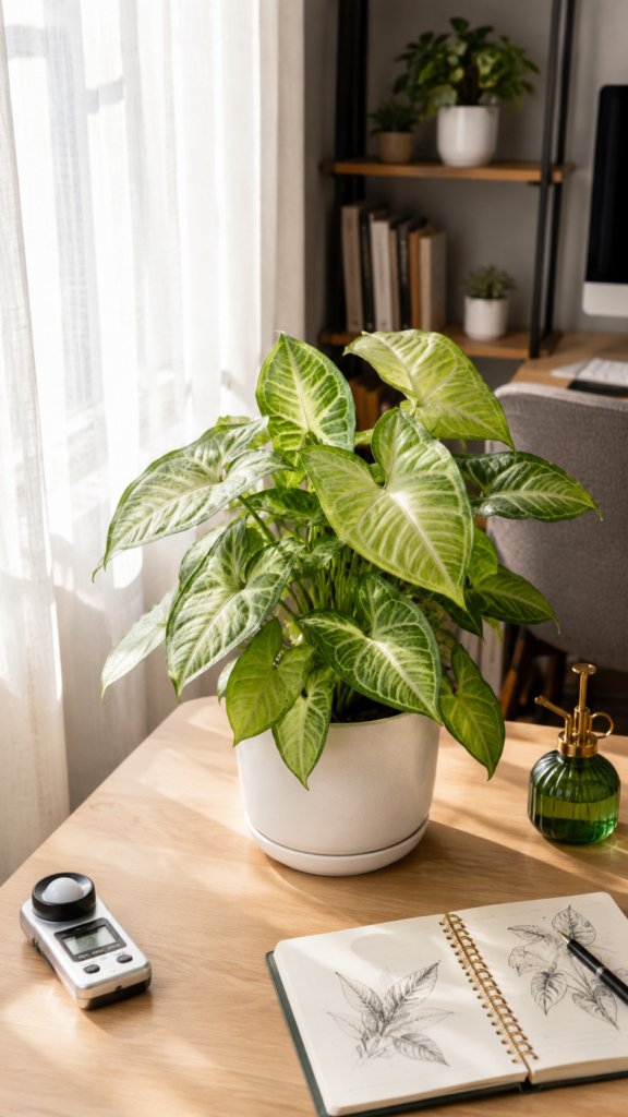Healthy Arrowhead Plant (Syngonium) with variegated green and cream leaves on a desk near an east-facing window, soft indirect sunlight through sheer curtains, and plant-care tools in a cozy modern home office.