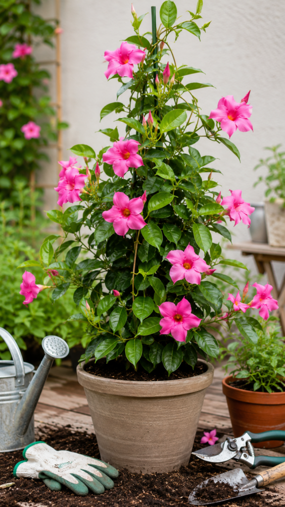 Healthy mandevilla plant with bright pink flowers in a ceramic pot, being watered with a small watering can in soft natural light.