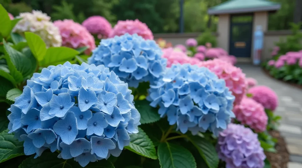 Clusters of blue, pink, and purple hydrangeas blooming in a garden with a stone pathway.