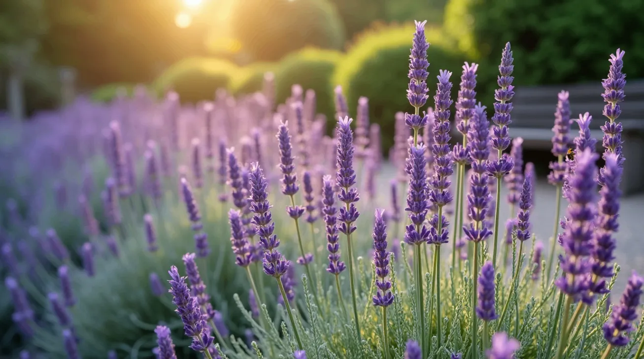 Rows of fragrant purple lavender blooming in a serene garden.