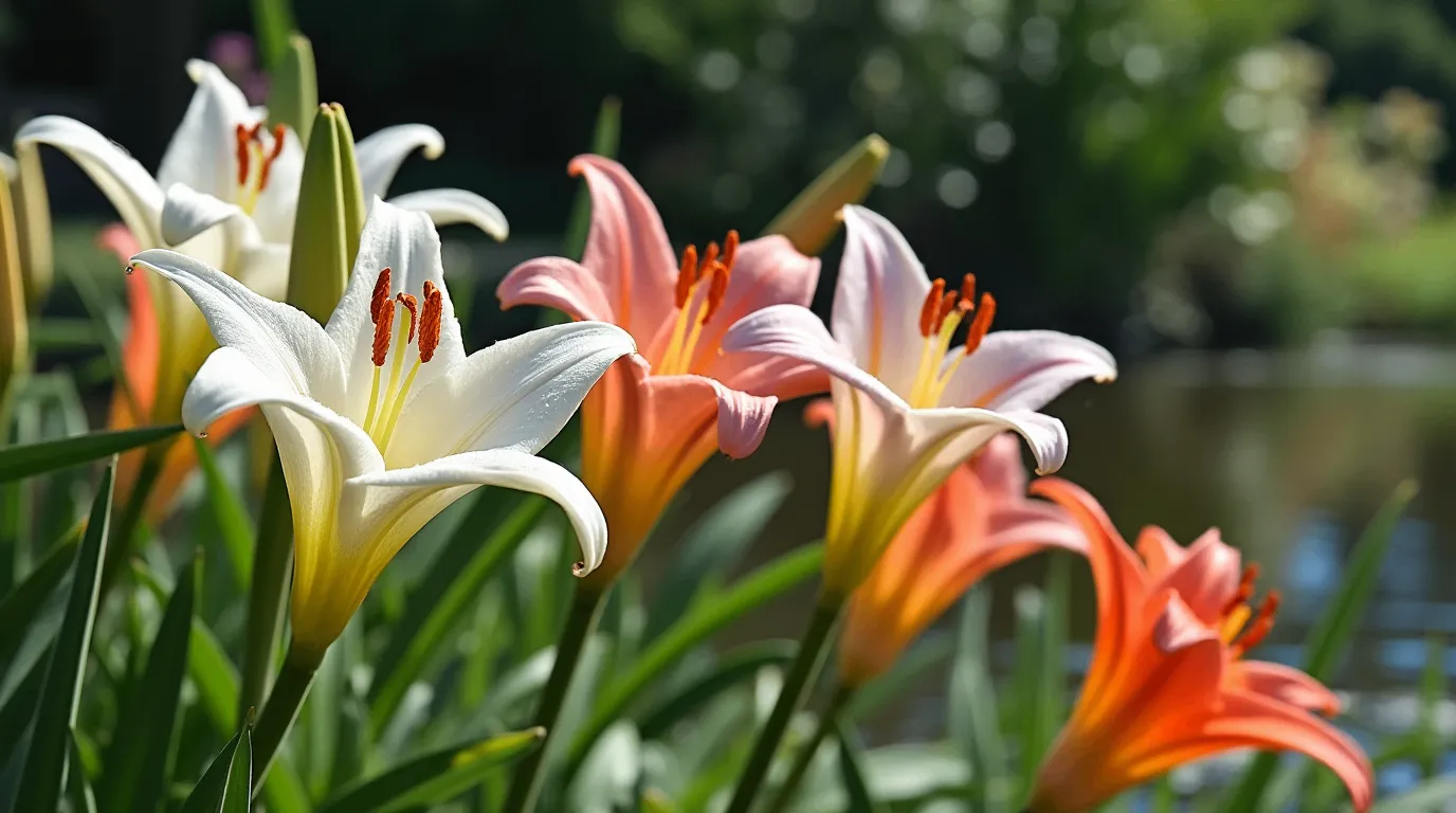 Elegant white, pink, and orange lilies blooming in a garden with a pond in the background.