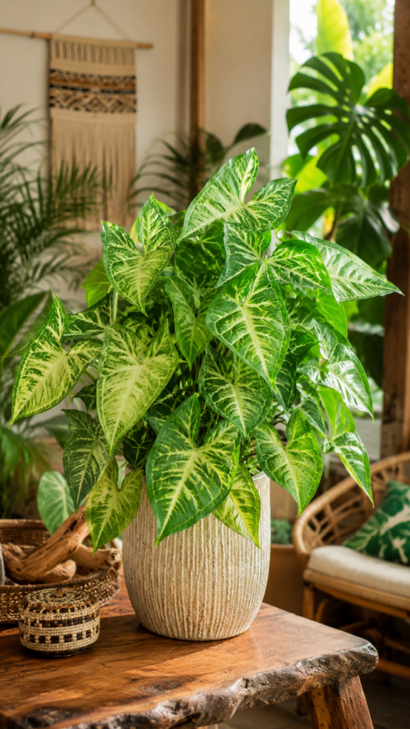 Lush Arrowhead Plant (Syngonium) with cream-variegated green leaves in a bright tropical-inspired indoor room, styled in a decorative pot on a wooden table.