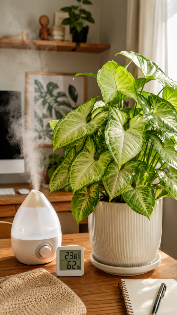 Lush Arrowhead Plant beside a misting humidifier and digital humidity meter in a cozy home office, showing indoor humidity care for healthy green-and-cream Syngonium leaves.