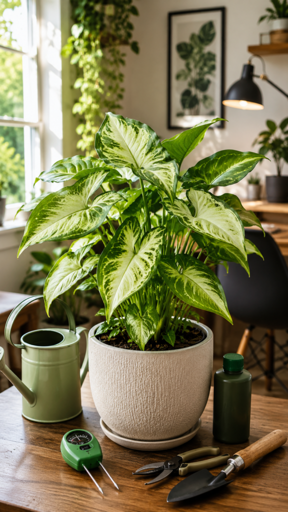 Lush healthy Arrowhead Plant Syngonium with green and cream variegated leaves in a modern indoor home office with plant care tools, watering can, moisture meter, and fertilizer bottle.
