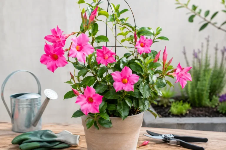 Clean botanical instructional scene of Mandevilla propagation and growth process, showing stem cuttings and seed starting in organized pots and trays with gardening tools, soft natural light, and a minimal professional garden workspace.