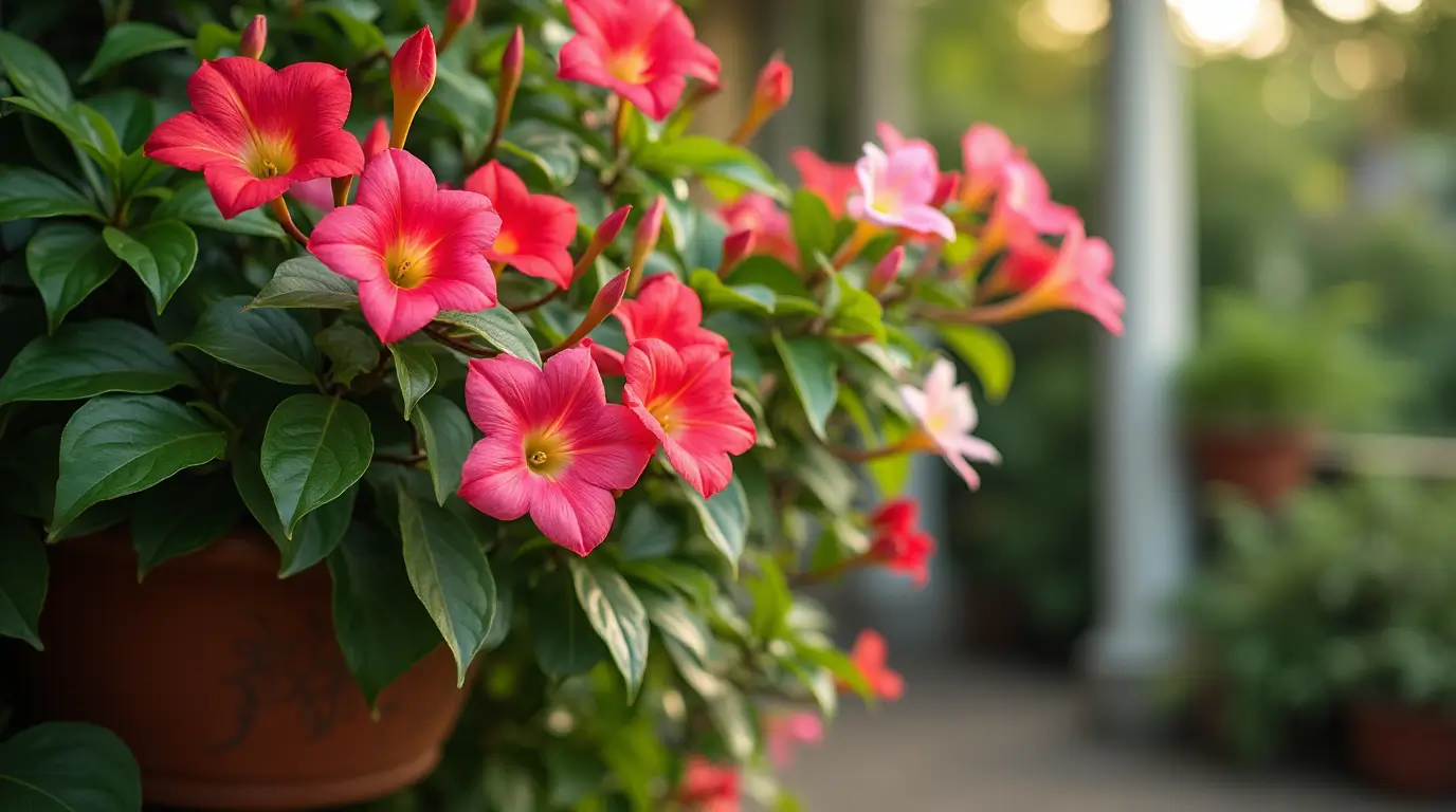 A lush Mandevilla plant with vibrant trumpet-shaped flowers in shades of pink and red, climbing gracefully on a trellis in a sunlit garden.