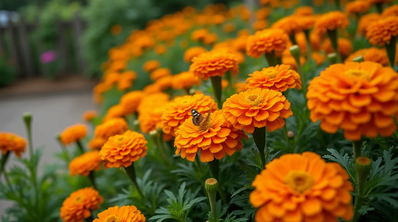 Bright orange and yellow marigolds blooming in a vibrant garden bed