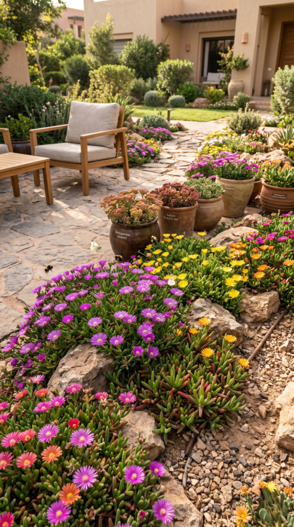 Ultra-realistic home garden with ice plants (Delosperma and Sedum) in a modern patio and rock garden, blooming in pink, purple, yellow, and white, thriving in dry soil under warm sunlight, with butterflies and bees, minimalist outdoor setting, photorealistic