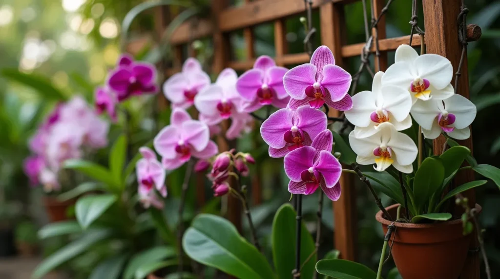 Exotic purple and pink orchids displayed on a trellis in a tropical garden.