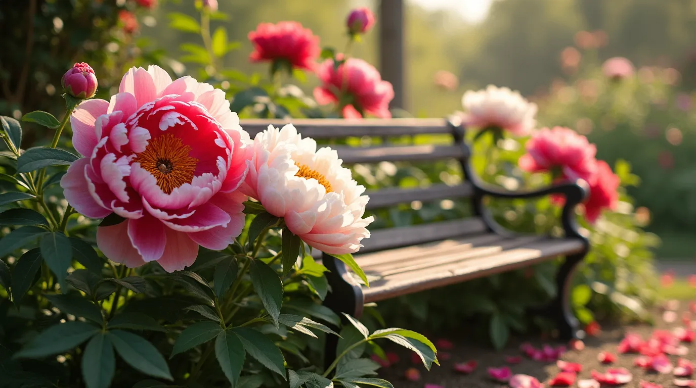 Lush pink and white peonies blooming in a romantic garden setting.