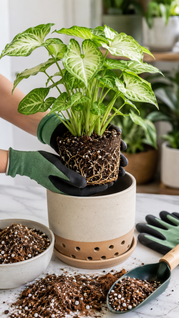 Person repotting a healthy Arrowhead Plant (Syngonium) into a ceramic pot with well-draining soil mix, visible perlite, and gardening tools in a bright modern indoor plant-care setup.