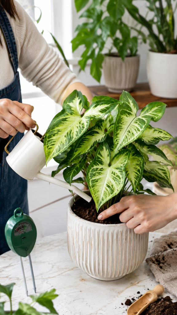 Person watering an Arrowhead Plant indoors while checking soil moisture by hand, with a moisture meter beside the pot and healthy green-and-cream variegated leaves in bright natural light.