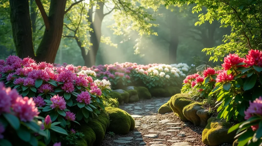 A lush shade garden featuring vibrant rhododendron bushes with large, colorful blooms, surrounded by ferns, hostas, and other shade-loving plants. The garden design showcases a natural, layered look with a mix of textures and colors, creating a serene and inviting outdoor space.